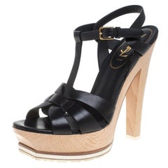 Saint Laurent Paris Leather Tribute Wooden Ankle Strap Sandals Size 38.5