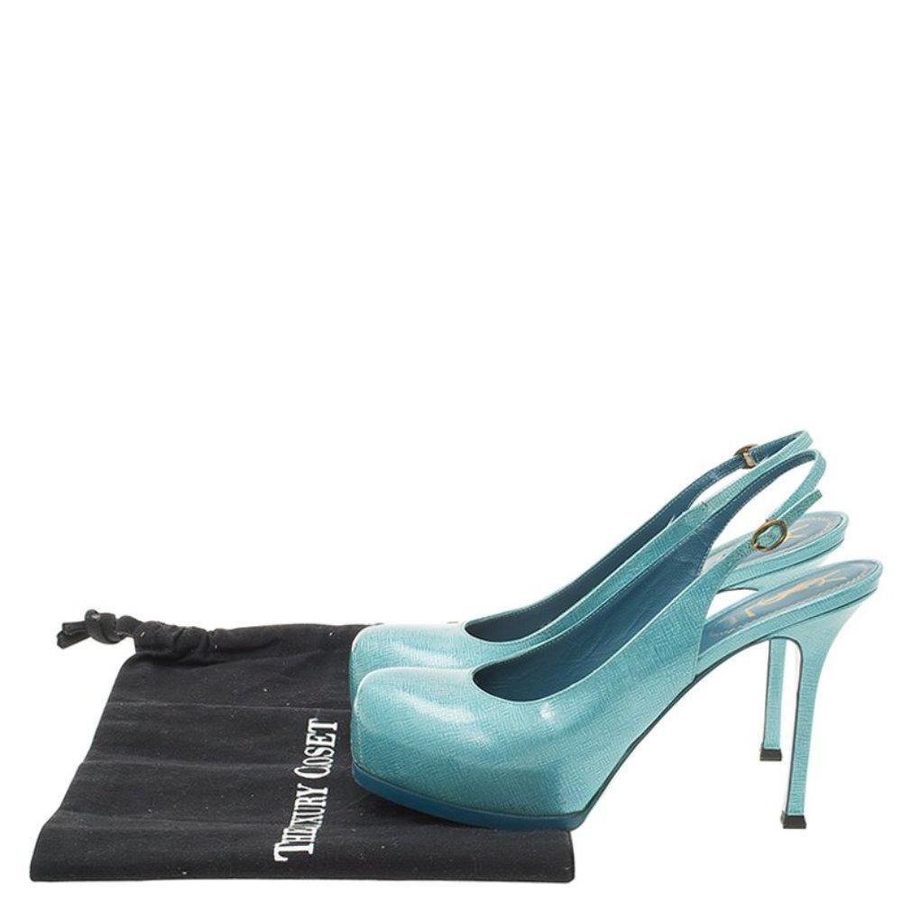 Saint Laurent Paris Light Blue Patent Tribtoo Slingback Sandals Size 38.5 7