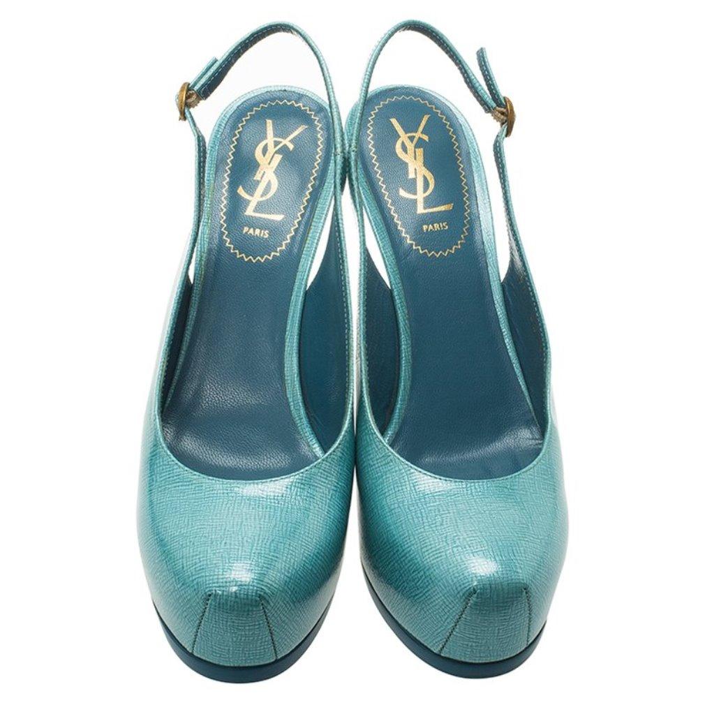 Women's Saint Laurent Paris Light Blue Patent Tribtoo Slingback Sandals Size 38.5