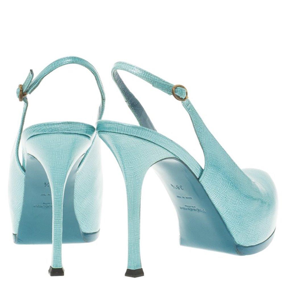 Saint Laurent Paris Light Blue Patent Tribtoo Slingback Sandals Size 38.5 1