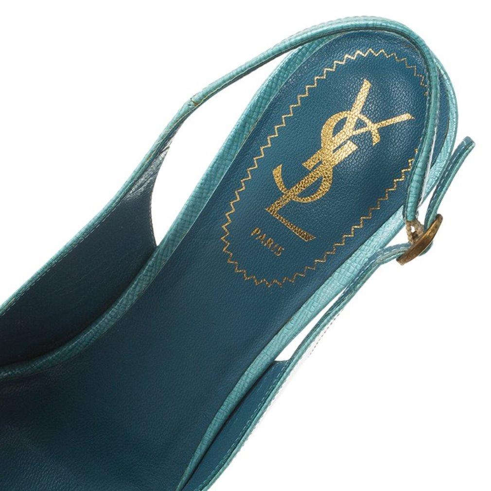 Saint Laurent Paris Light Blue Patent Tribtoo Slingback Sandals Size 38.5 5