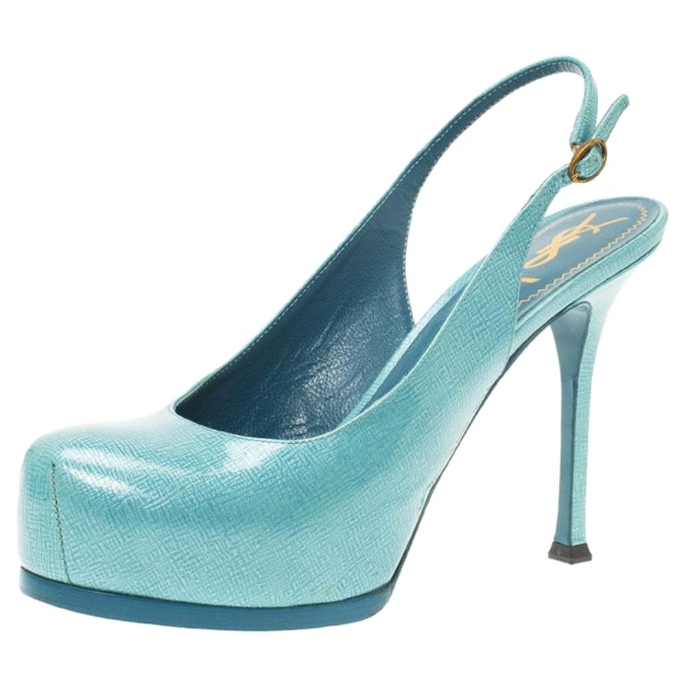 Saint Laurent Paris Light Blue Patent Tribtoo Slingback Sandals Size 38.5