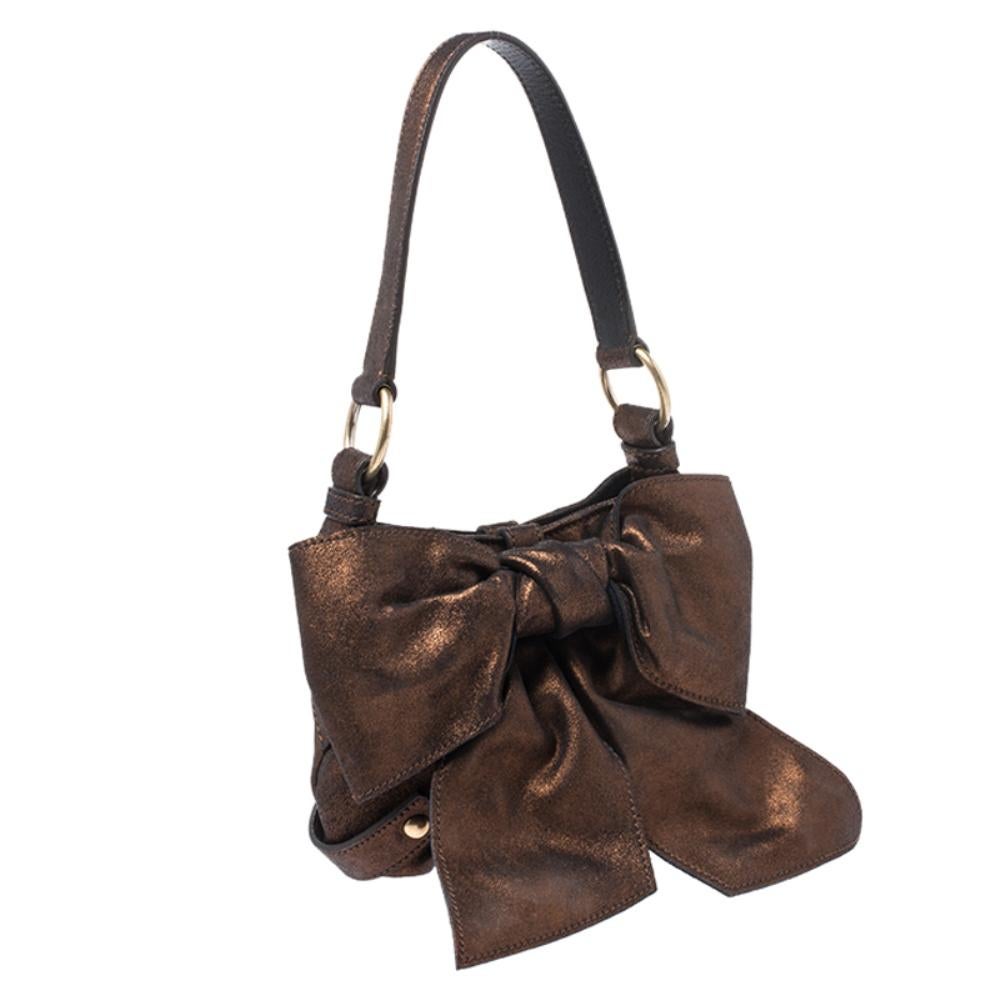 Saint Laurent Paris Metallic Bronze Leather Mini Sac Bow Shoulder Bag In Excellent Condition In Dubai, Al Qouz 2