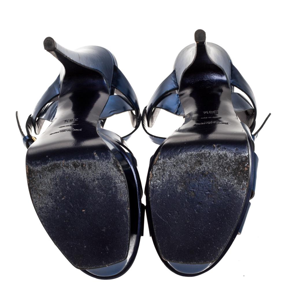 Saint Laurent Paris Metallic Dark Blue Leather Tribute Platform Sandals Size 38. In Good Condition In Dubai, Al Qouz 2