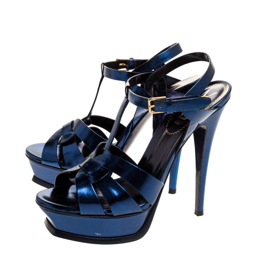 Women's Saint Laurent Paris Metallic Dark Blue Leather Tribute Platform Sandals Size 38.