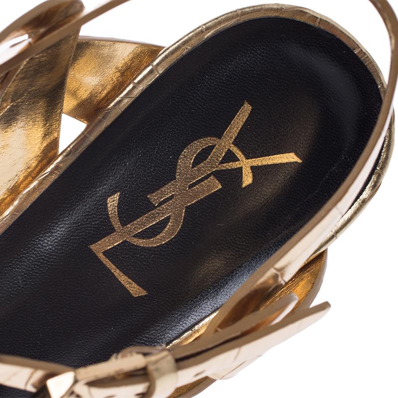 Saint Laurent Paris Metallic Gold Croc Embossed Leather Tribute Sandals Size 39 2