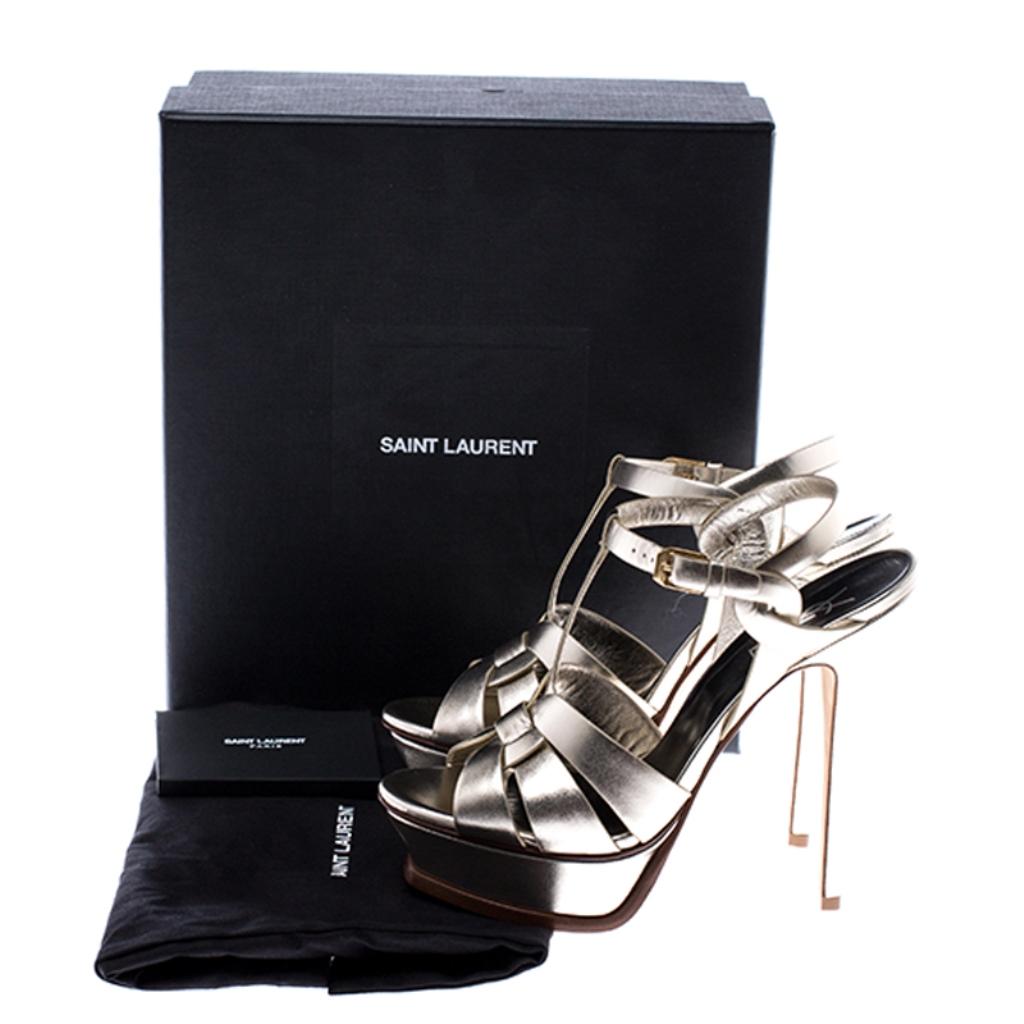 Saint Laurent Paris Metallic Gold Leather Tribute Platform Sandals Size 38 2
