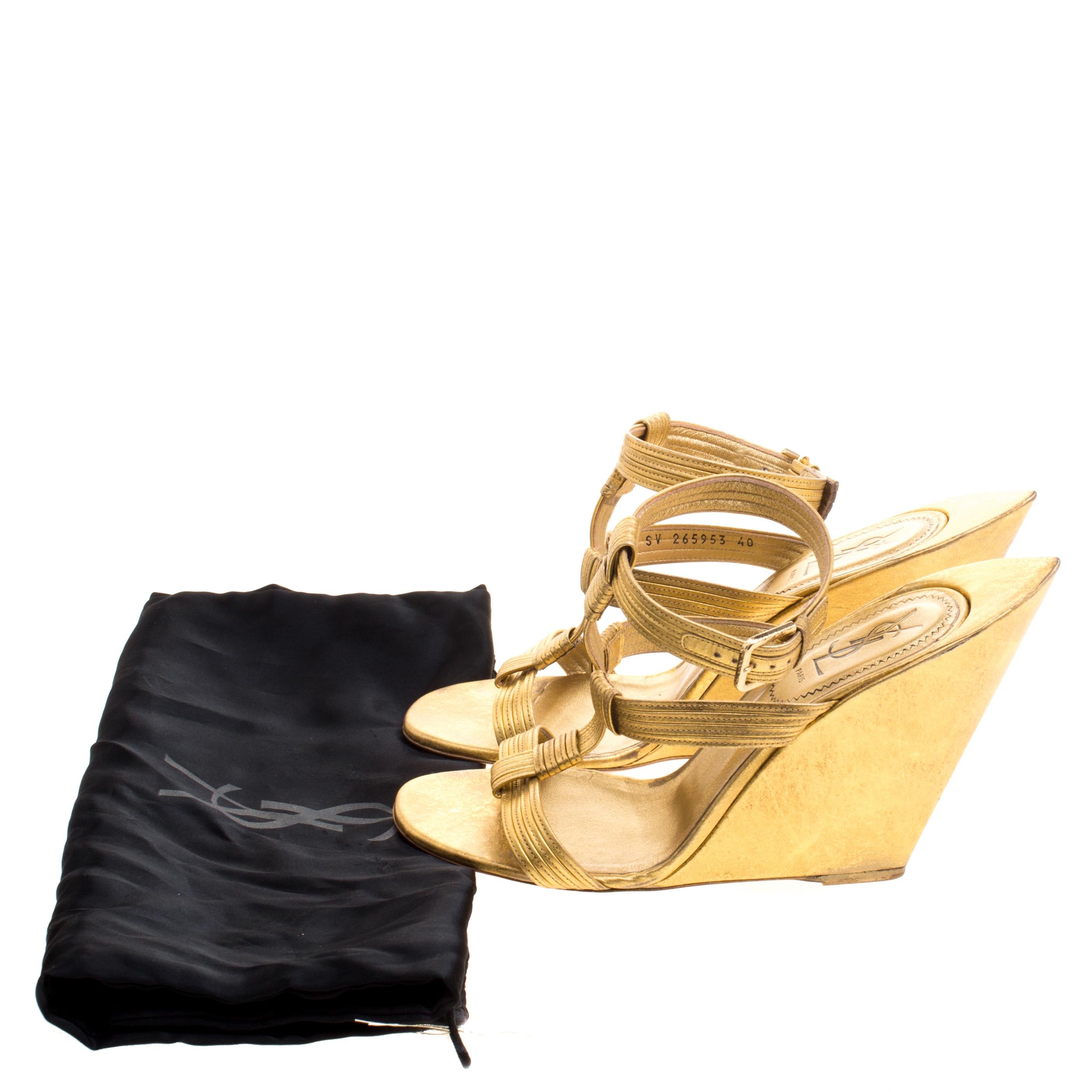 Saint Laurent Paris Metallic Gold Leather Venice Sculpted Wedge Sandals Size 40 4