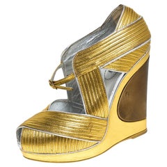 Saint Laurent Paris Metallic Gold Venice Sculpted Wedge Platform Sandals Size 36