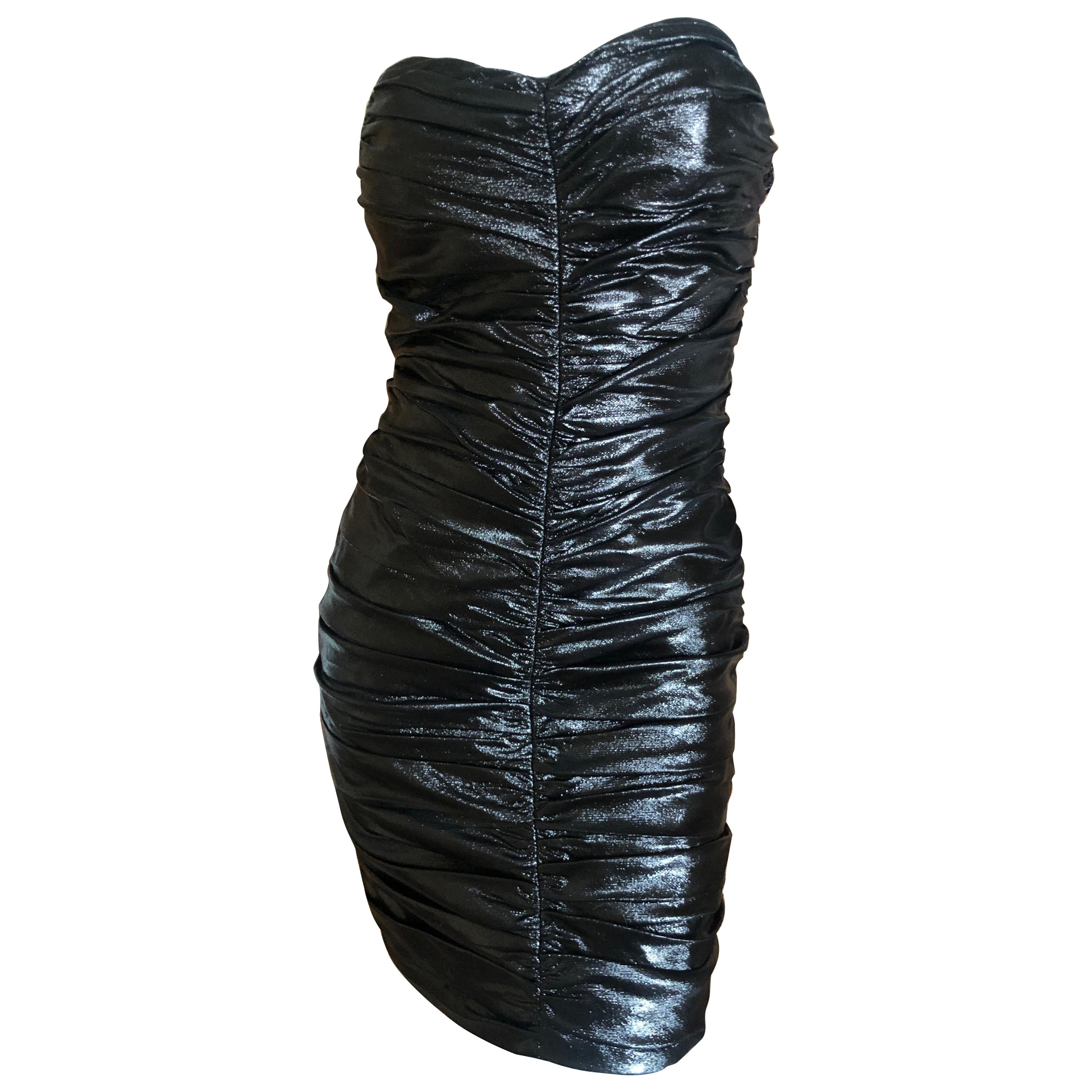  Saint Laurent Paris Metallic Shirred Black Strapless Mini Cocktail Dress im Angebot