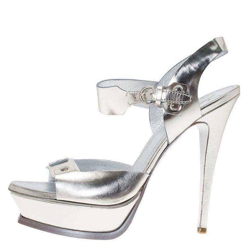 Saint Laurent Paris Metallic Silver Leather Ankle Strap Platform Sandals Size 41 1
