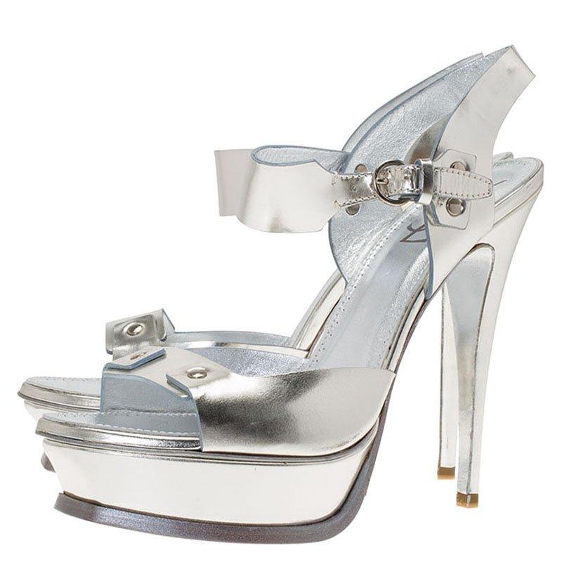 Saint Laurent Paris Metallic Silver Leather Ankle Strap Platform Sandals Size 41 2