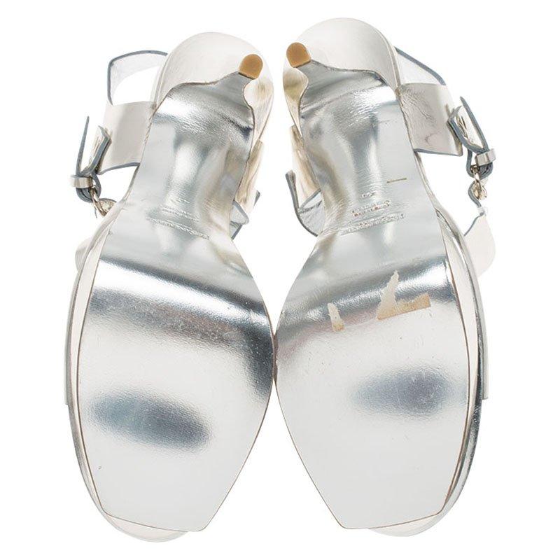 Women's Saint Laurent Paris Metallic Silver Leather Ankle Strap Platform Sandals Size 41