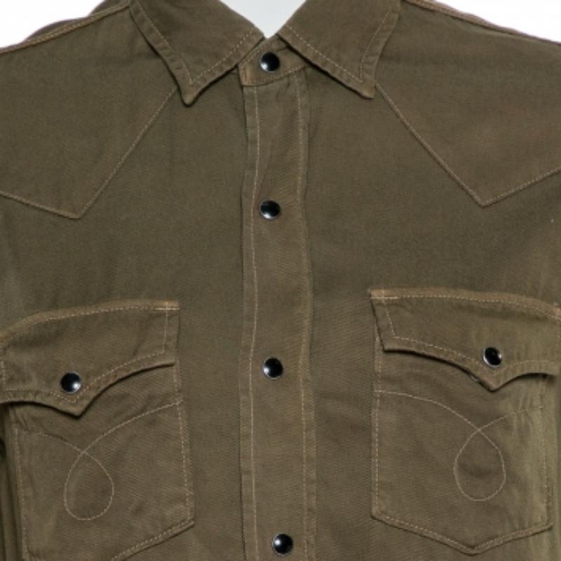 Saint Laurent Paris Military Green Lyocell Button Front Shirt M For Sale 5