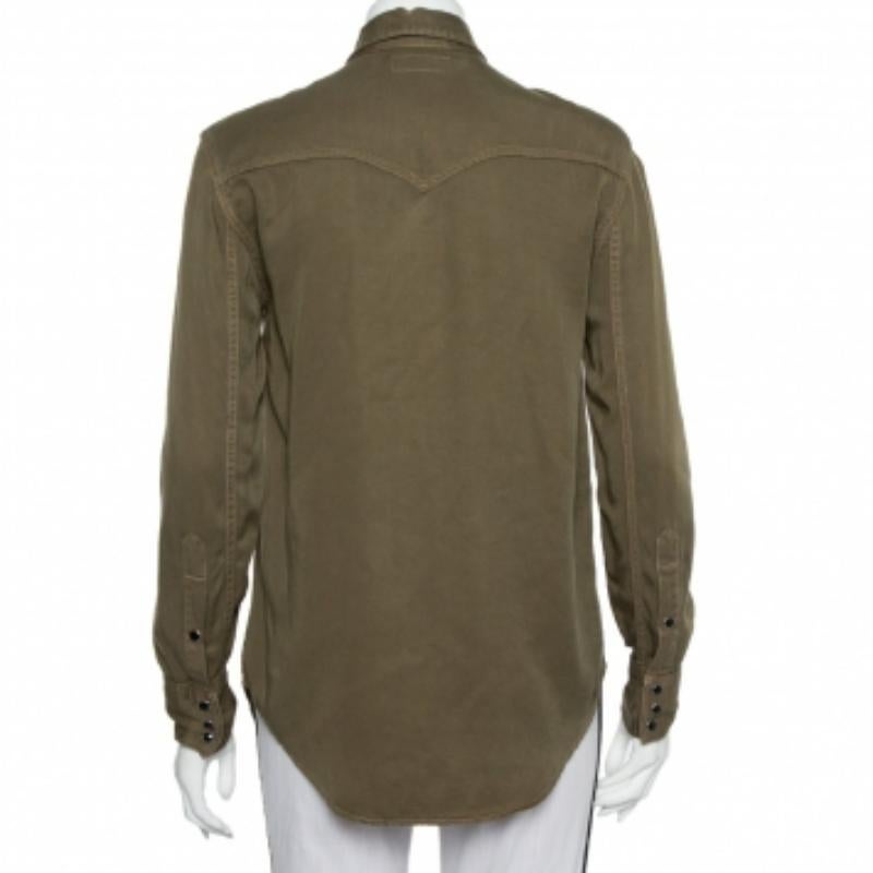 Brown Saint Laurent Paris Military Green Lyocell Button Front Shirt M For Sale