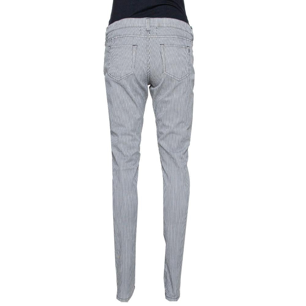 Gray Saint Laurent Paris Monochrome Striped Cotton Low Waist Skinny Pants L