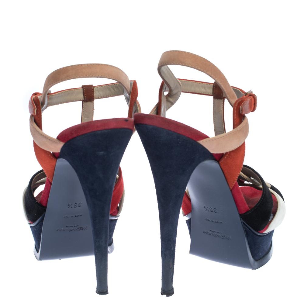 Saint Laurent Paris Multicolor Suede Tribute Platform Sandals Size 38.5 In Fair Condition In Dubai, Al Qouz 2