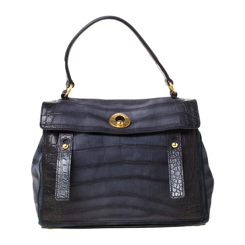 Saint Laurent Paris Navy Blue Croc Embossed Leather Medium Muse Two