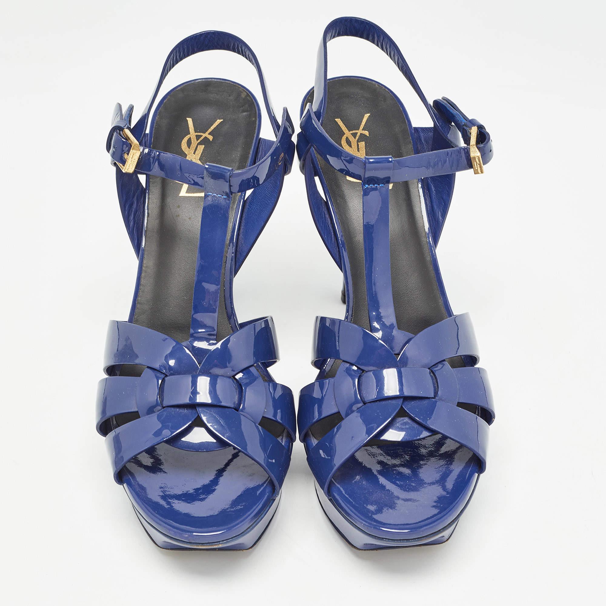 Gray Saint Laurent Paris Navy Blue Patent Leather Tribute Sandals Size 40
