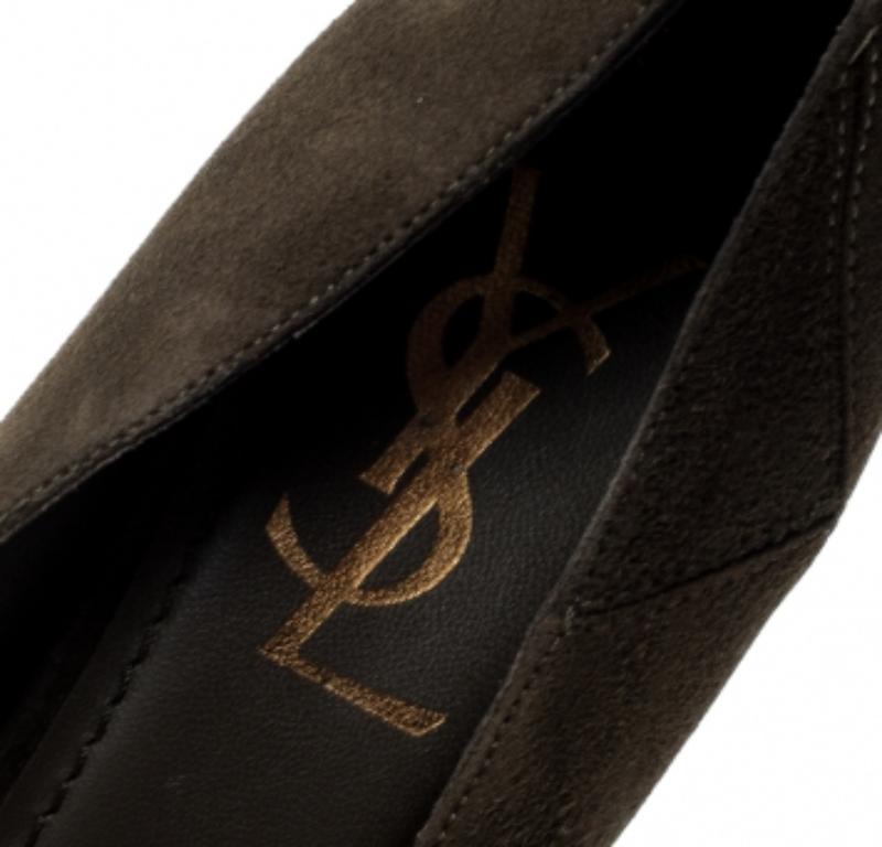 Noir Saint Laurent Paris Olive Green Suede Platform Pumps 38 en vente