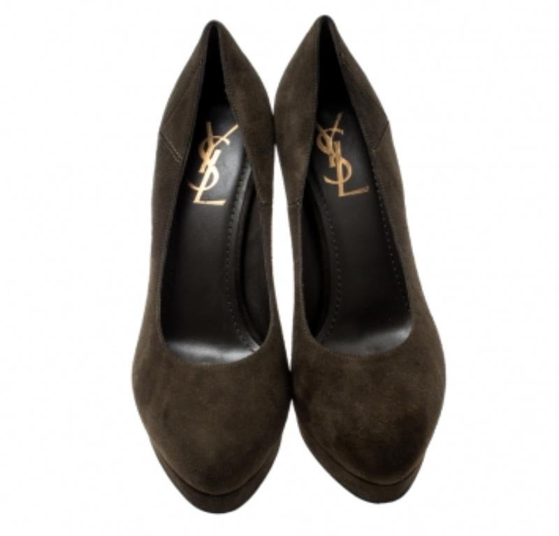 Saint Laurent Paris Olive Green Suede Platform Pumps 38 en vente 1