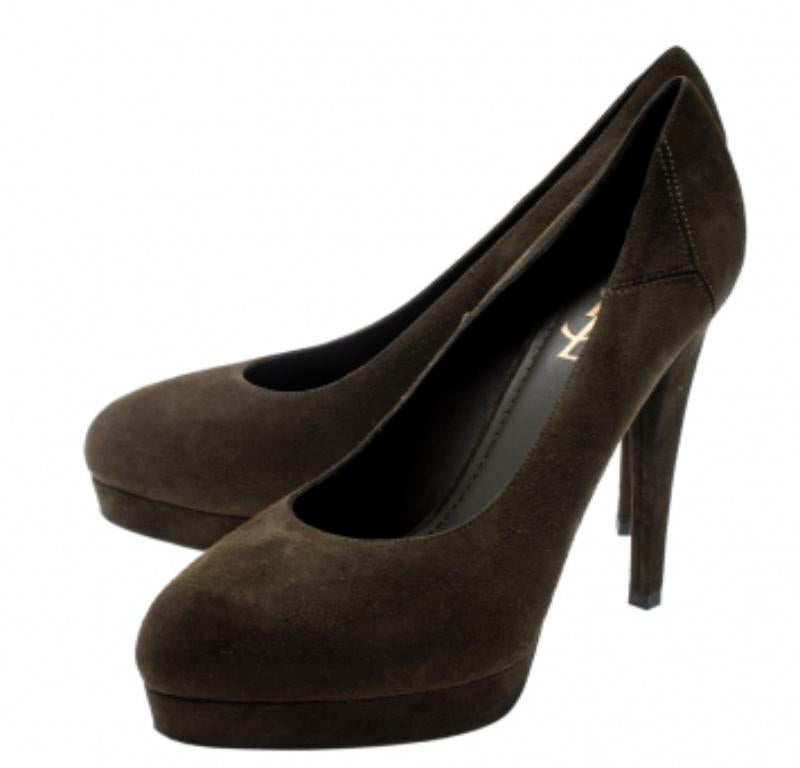 Saint Laurent Paris Olive Green Suede Platform Pumps 38 en vente 2