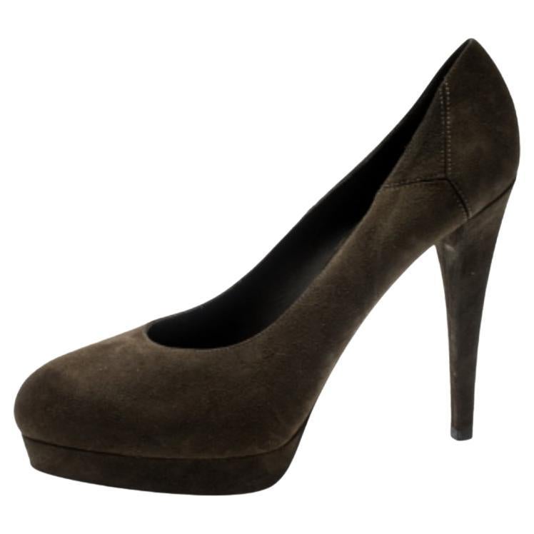 Saint Laurent Paris Olive Green Suede Platform Pumps 38 en vente