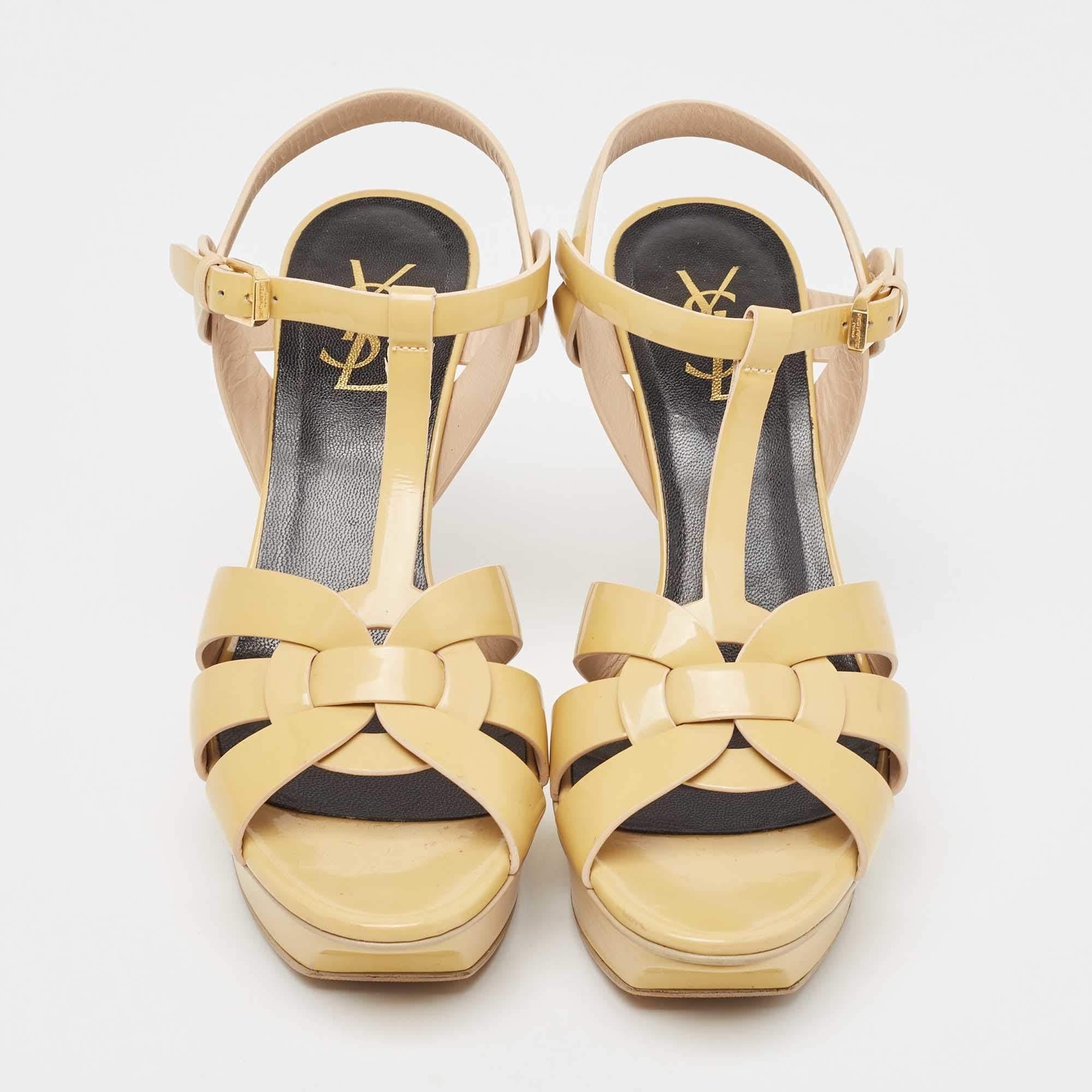 Beige Saint Laurent Paris Sandales Tribute Platform à lanières de chevilles en cuir verni Taille 39