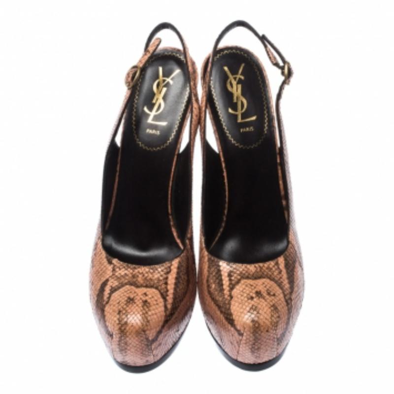 Marron Saint Laurent Paris Peach Python Tribtoo Slingback Platform Pumps Size 39.5 en vente
