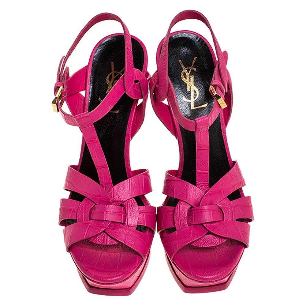 Saint Laurent Paris Pink Croc Embossed Leather Tribute Platform Sandals Size 37 In Good Condition In Dubai, Al Qouz 2