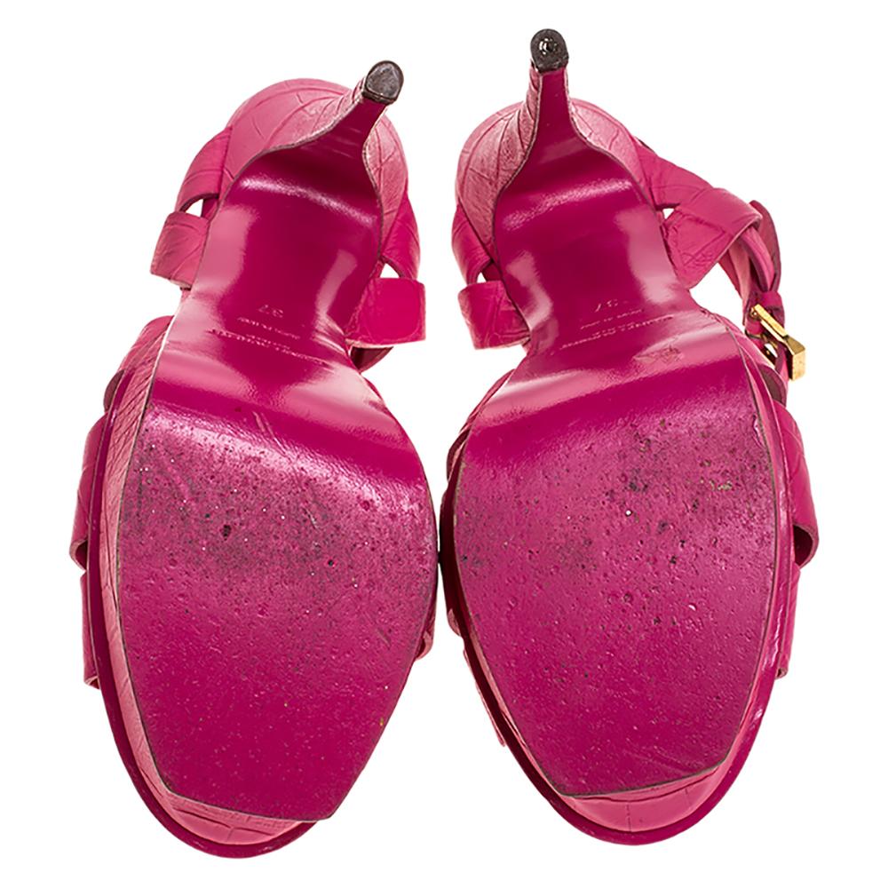 Saint Laurent Paris Pink Croc Embossed Leather Tribute Platform Sandals Size 37 1