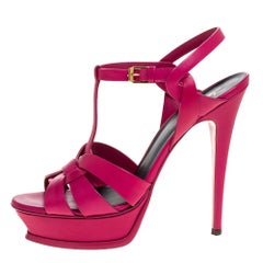 Saint Laurent Paris Pink Leather Tribute Platform Ankle Strap Sandals Size 41