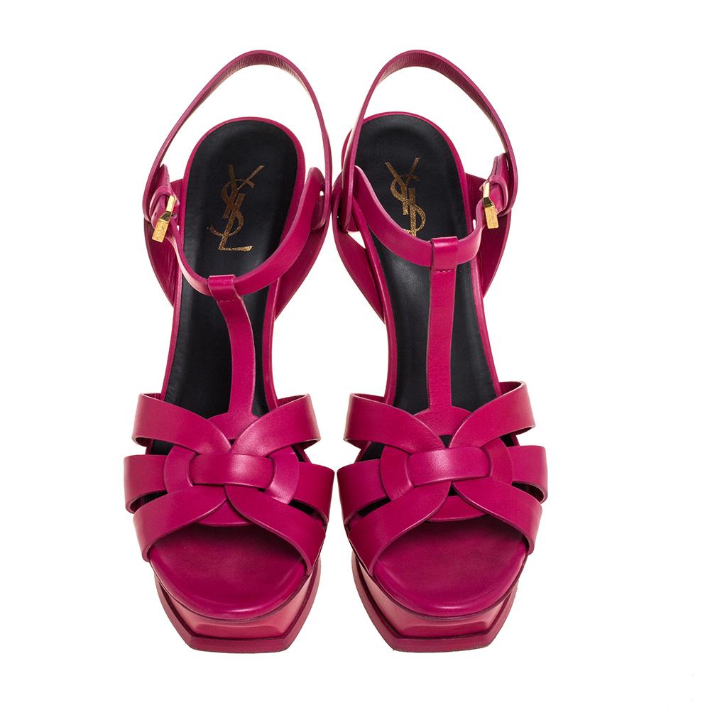 Saint Laurent Paris Pink Leather Tribute Platform Ankle Strap Sandals Size 41 In Good Condition In Dubai, Al Qouz 2