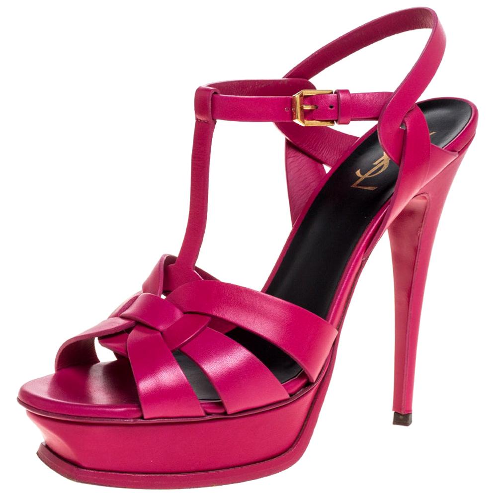 Saint Laurent Paris Pink Leather Tribute Platform Ankle Strap Sandals Size 41