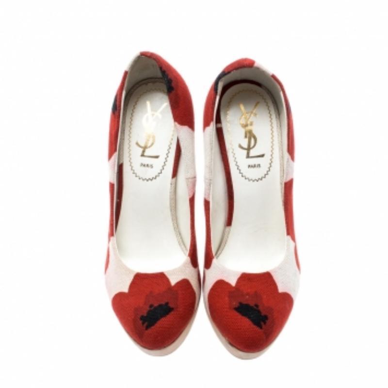 Saint Laurent Paris escarpins compensés à plateforme en toile imprimée rouge et blanche taille 35,5 en vente 2