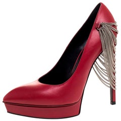 Saint Laurent Paris Rot Leder Janis Kette Absatz Plateau Pumps Größe 37.5