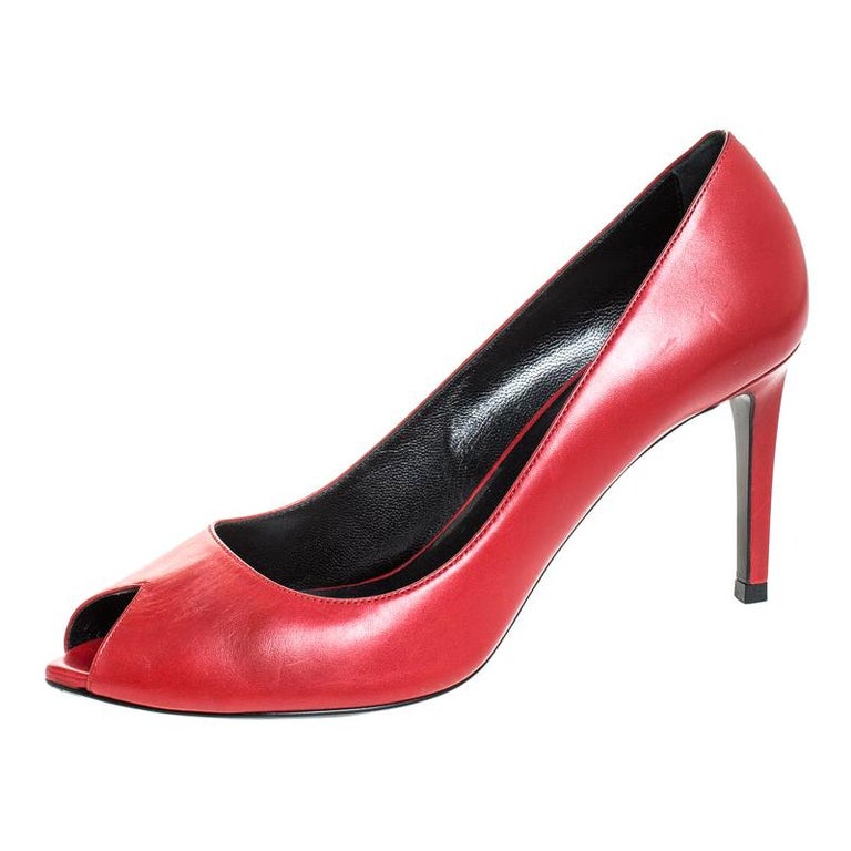 Saint Laurent Paris Red Leather Peep Toe Pumps Size 39 For Sale at 1stDibs