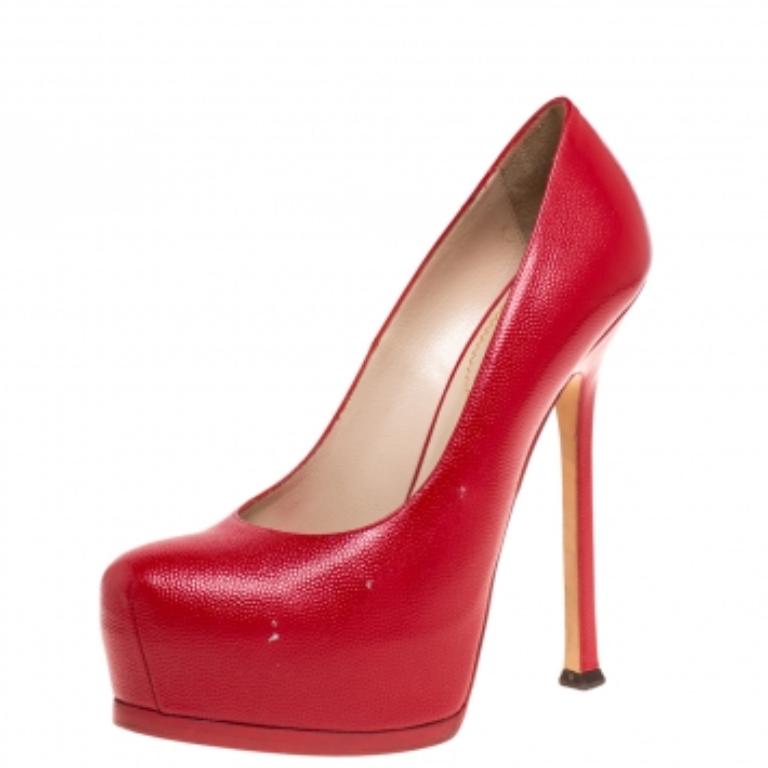Saint Laurent Paris - Pumps con piattaforma Tribtoo in pelle rossa - misura 38,5 in vendita 2