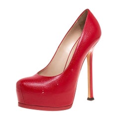Saint Laurent Paris Red Leather Tribtoo Platform Pumps Size 38.5