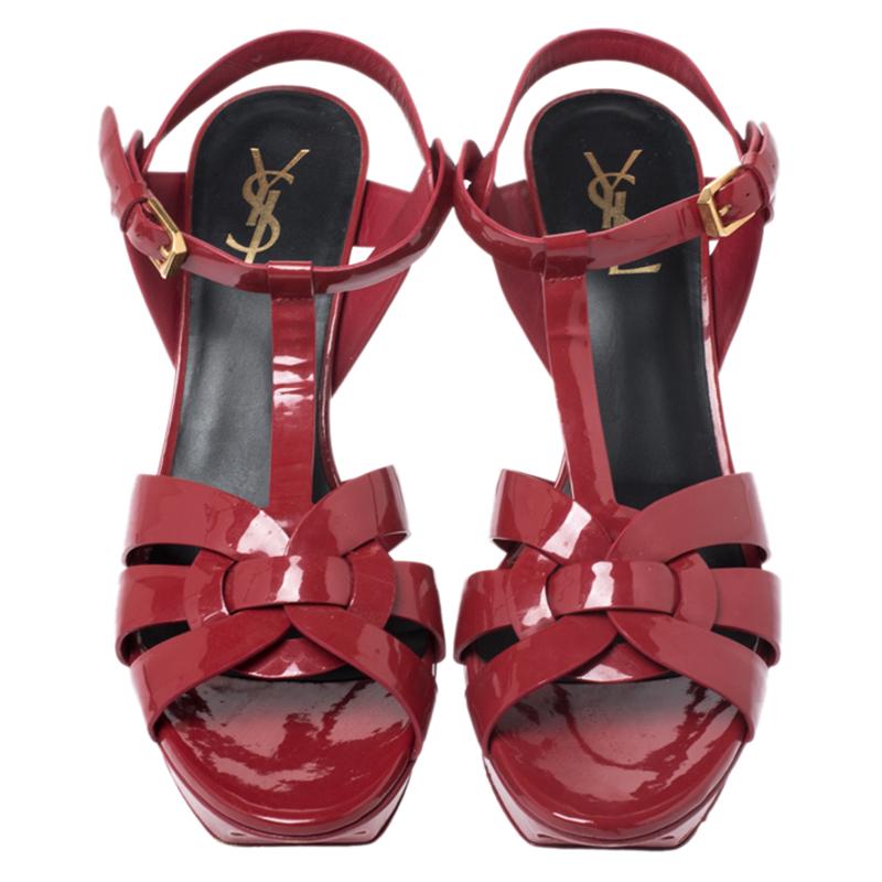 Brown Saint Laurent Paris Red Leather Tribute Platform Sandals Size 40