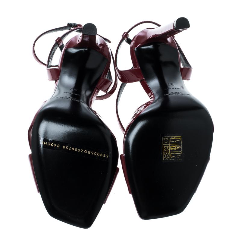 Saint Laurent Paris Red Patent Leather Amy Knot Detail Ankle Strap Sandals Size  In New Condition In Dubai, Al Qouz 2