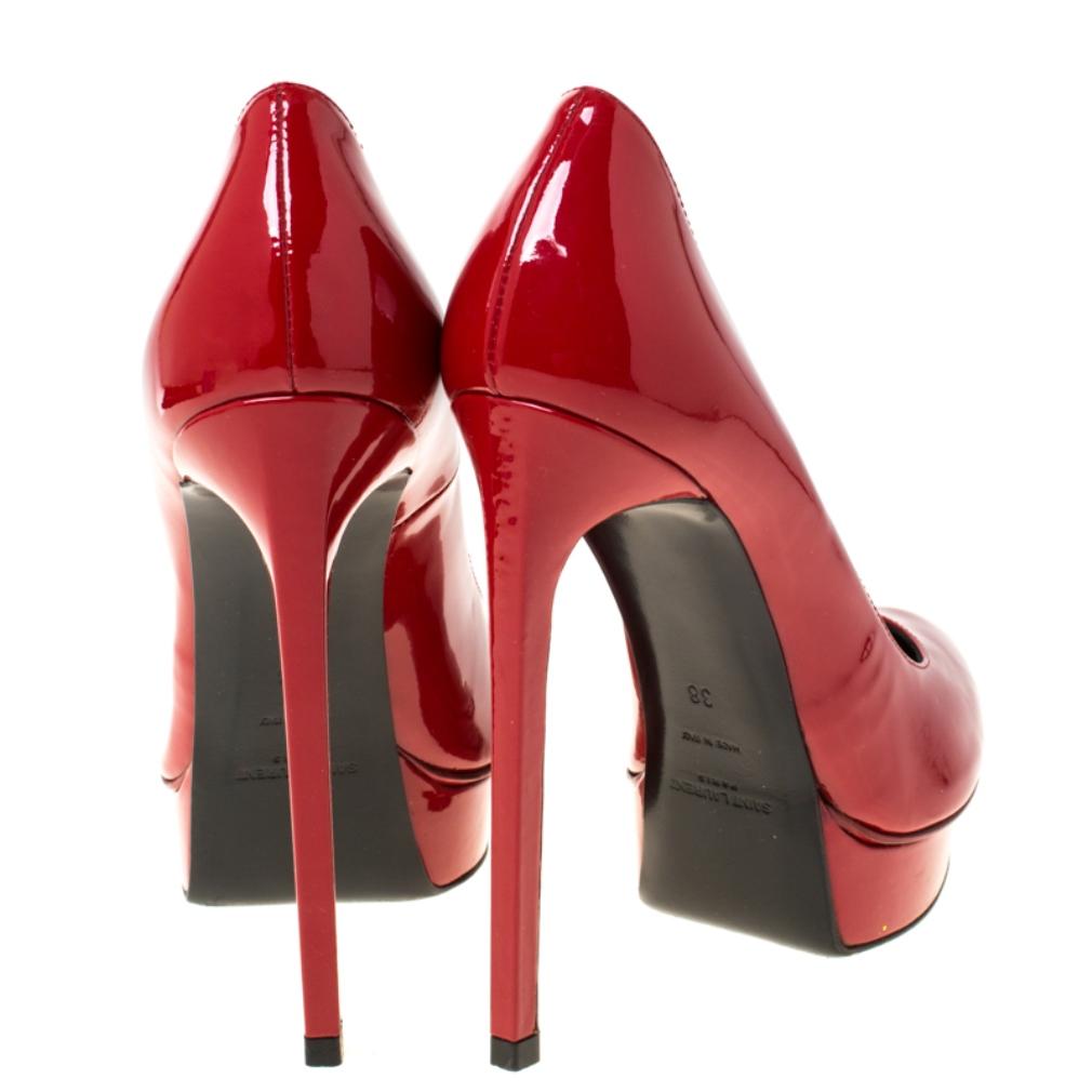 Saint Laurent Paris Red Patent Leather Janis Pointed Toe Platform Pumps Size 38 In Good Condition In Dubai, Al Qouz 2
