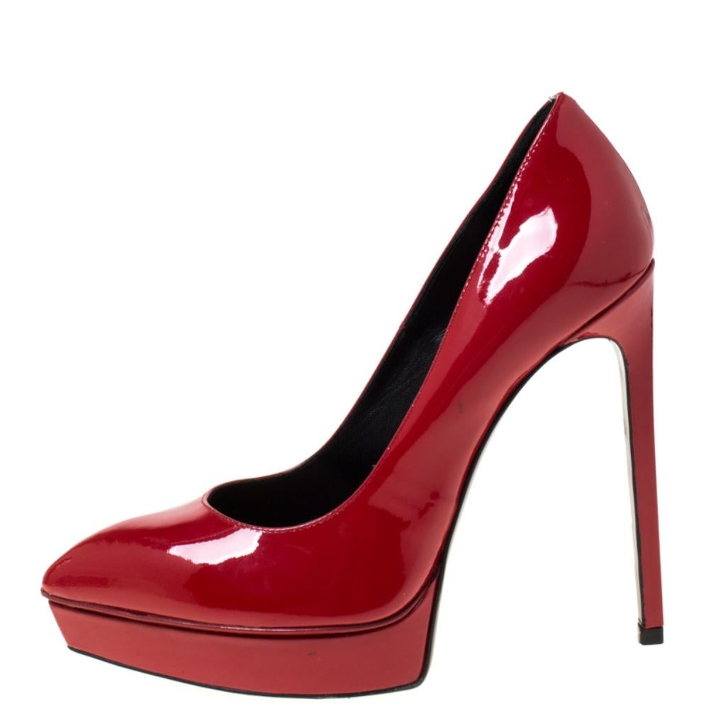 Saint Laurent Paris Red Patent Leather Janis Pointed Toe Platform Pumps Size 38 1