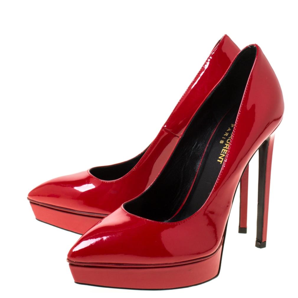 Saint Laurent Paris Red Patent Leather Janis Pointed Toe Platform Pumps Size 38 3