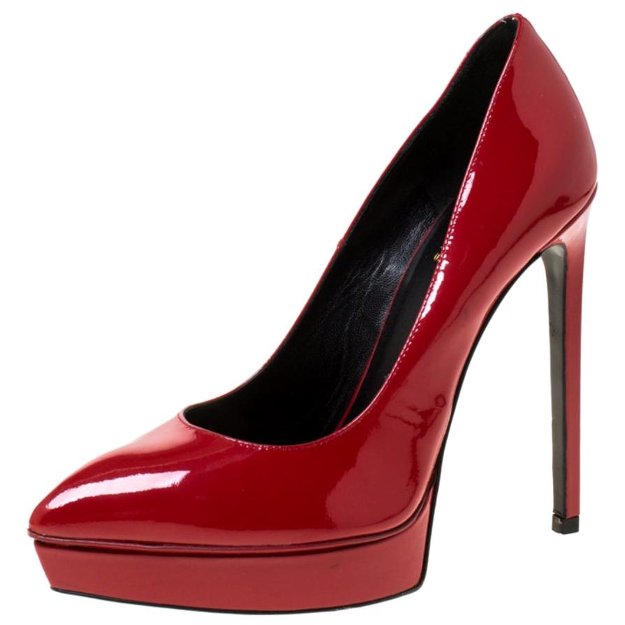 Saint Laurent Paris Red Patent Leather Janis Pointed Toe Platform Pumps Size 38