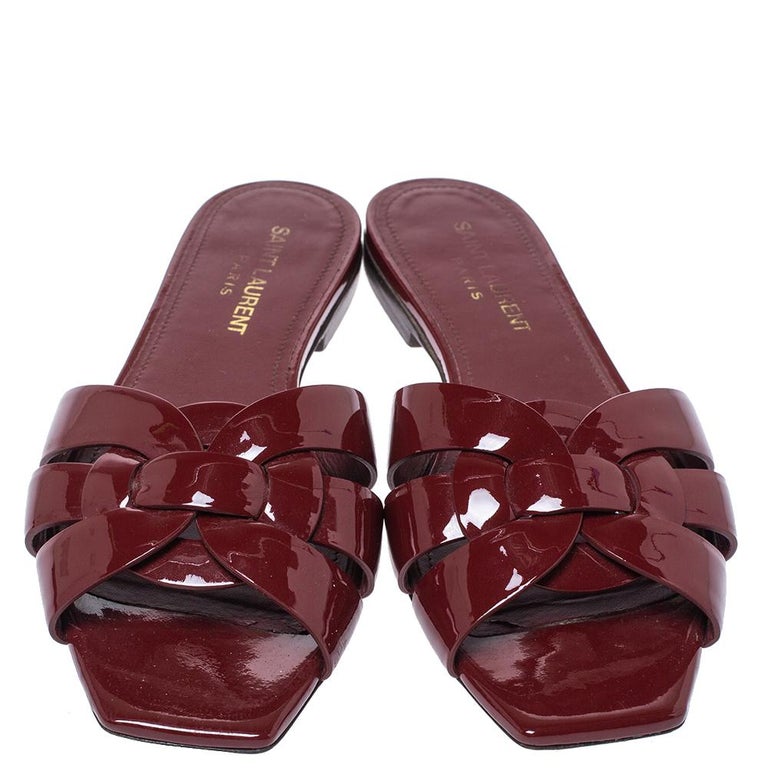 Saint Laurent Paris Red Patent Leather Tribute Flat Slides Size 36