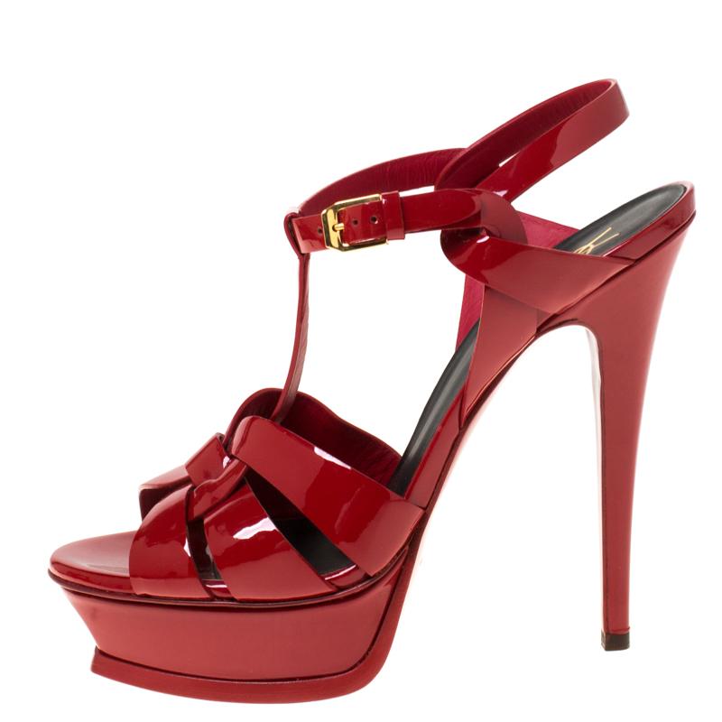 Saint Laurent Paris Red Patent Leather Tribute Platform Sandals Size 39 2