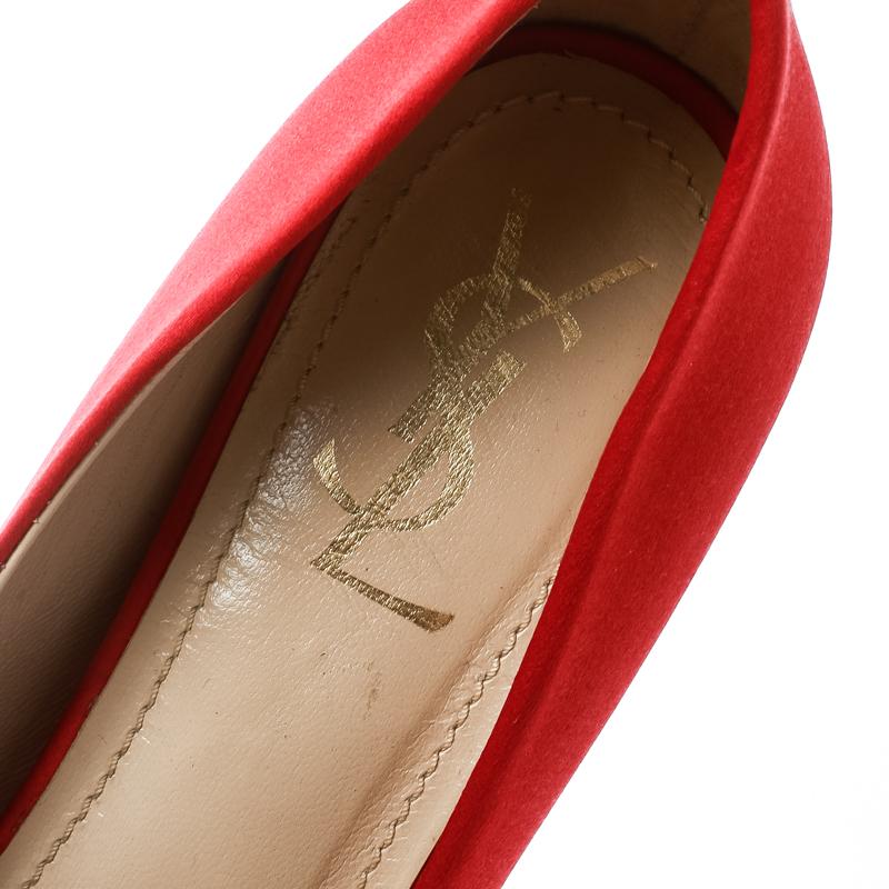 Saint Laurent Paris Red Satin Palais Peep Toe Platform Pumps Size 39.5 3