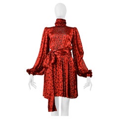 Saint Laurent Paris Red Silk Dress With Leopard Print 2021