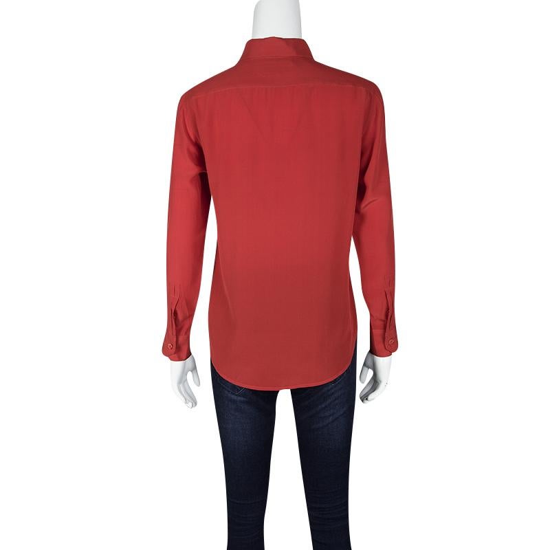 Saint Laurent Paris Red Silk Long Sleeve Shirt M In Good Condition In Dubai, Al Qouz 2